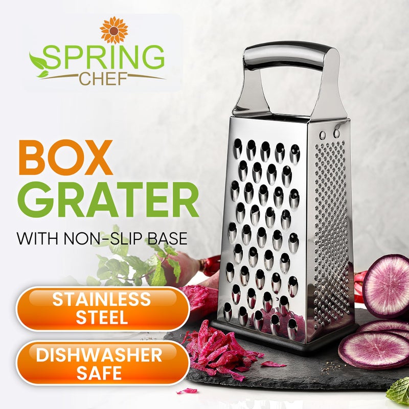 Spring Chef Professional Large Parmesan Cheese Grater, Stainless Steel Metal Box Grater with Handle, 4 Sided Handheld Kitchen Food Shredder for Cheese, Carrot, Veggie, Ginger, Potato - Dishwasher Safe - Image 2